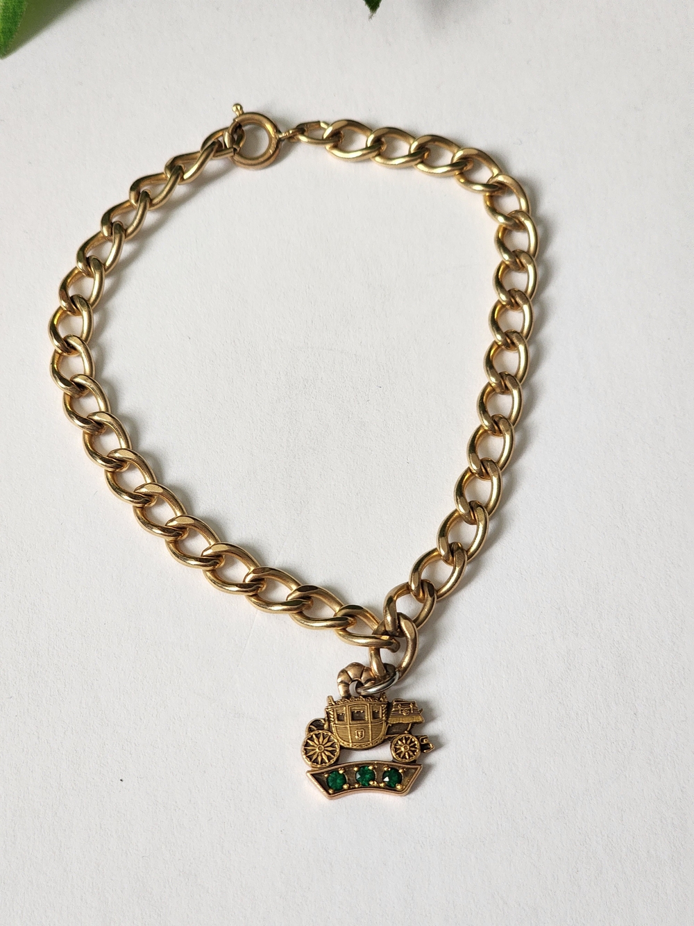 General Motors 10k Gold Carriage Charm & Gold Filled Bracelet with Green Stones